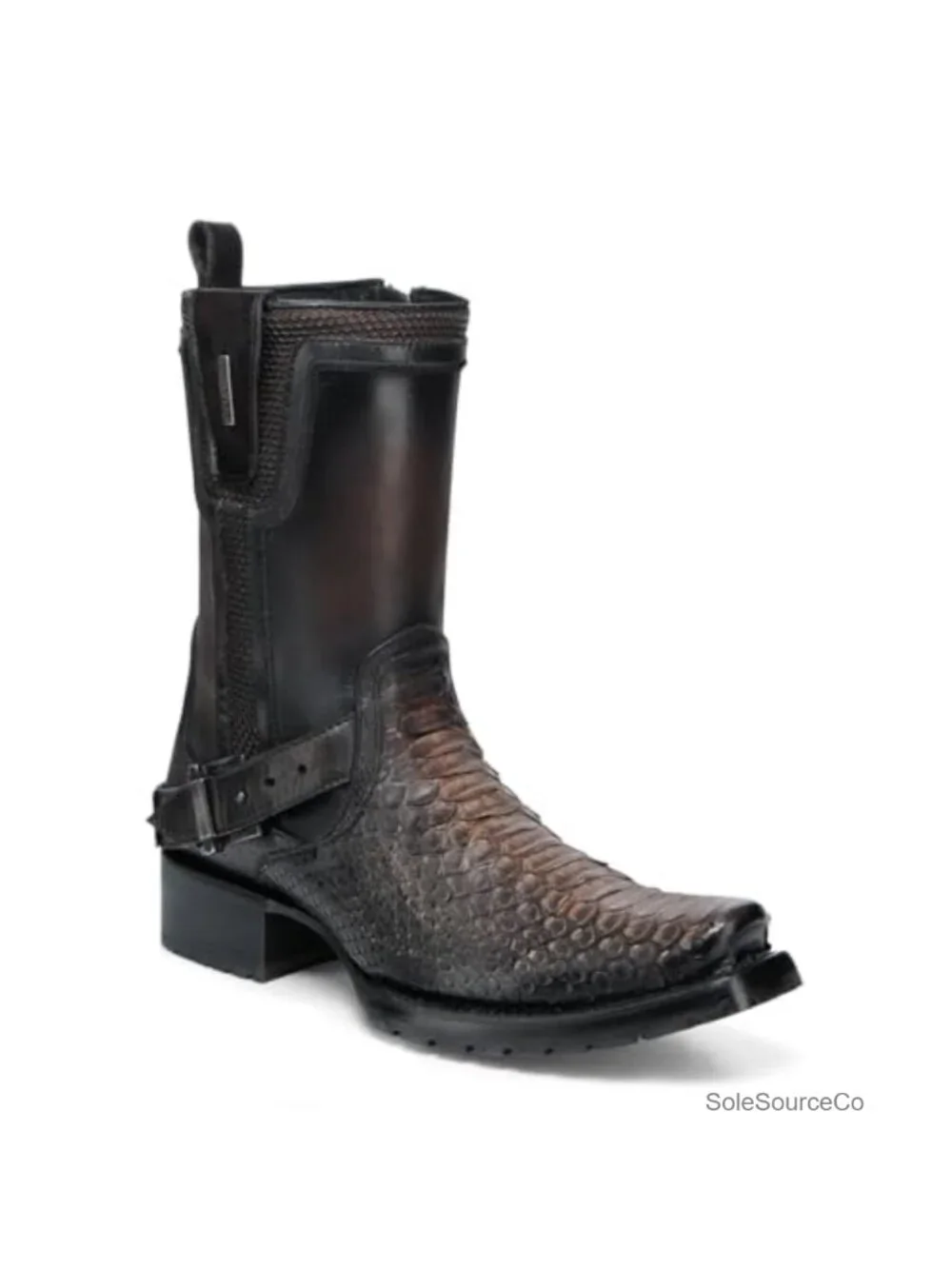 Python Leather Biker Boots Side Zip Almond Toe Cuban Heel Mid Calf